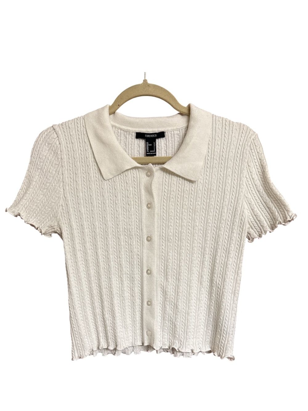 Coquette Y2K Preppy Cable-Knit Cropped Polo Button Down Cardigan White Large
